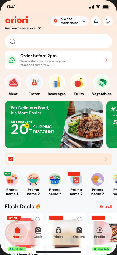 oriori app home screen with grocery categories and flash deals