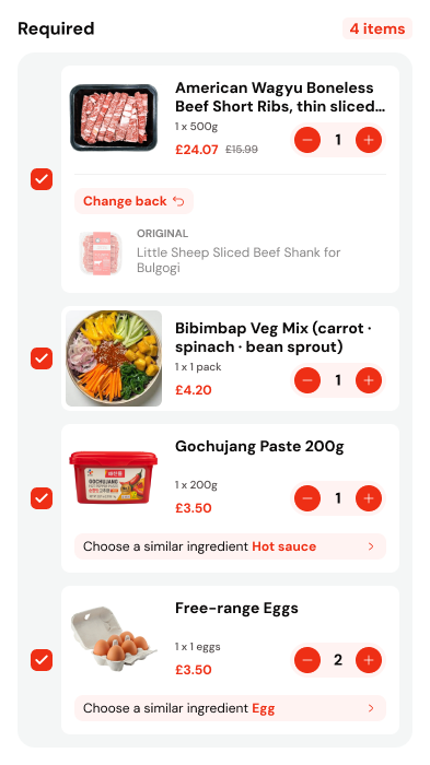 oriori ingredient picker showing products, quantities, prices and substitutions for a recipe
