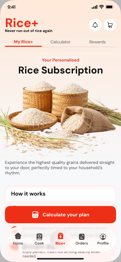 Rice+ personalised rice subscription screen in the oriori app